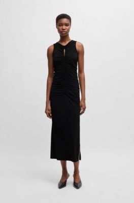 Vestido de punto con fruncido y detalle de abertura, Negro