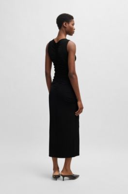 Vestido de punto con fruncido y detalle de abertura, Negro