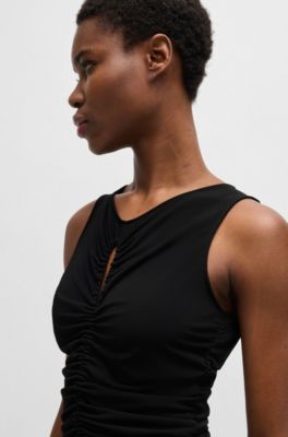 Vestido de punto con fruncido y detalle de abertura, Negro