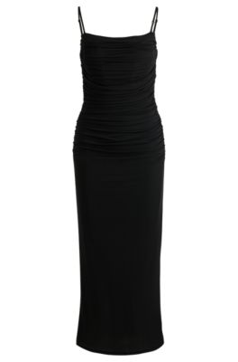 Corset-bodice dress with gathered mesh overlay, Black