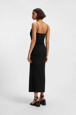 Corset-bodice dress with gathered mesh overlay, Black