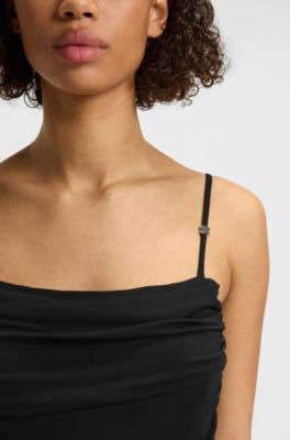 Corset-bodice dress with gathered mesh overlay, Black