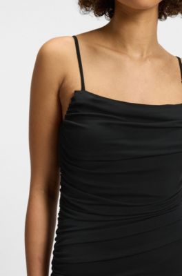 Corset-bodice dress with gathered mesh overlay, Black