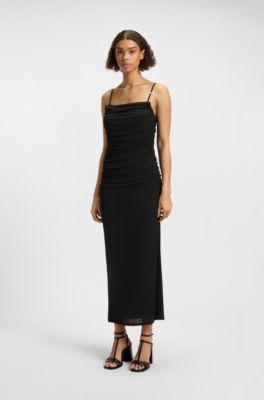 Corset-bodice dress with gathered mesh overlay, Black