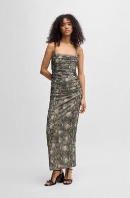 Corset-bodice dress with gathered mesh overlay, Patterned