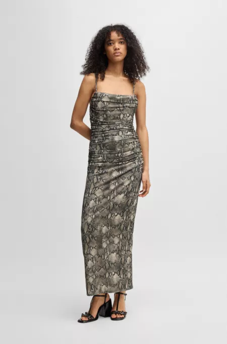 Corset-bodice dress with gathered mesh overlay