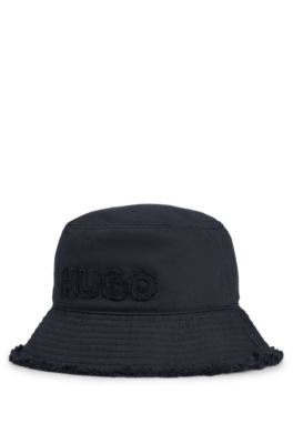 HUGO - Cotton bucket hat with logo and fringing - Black