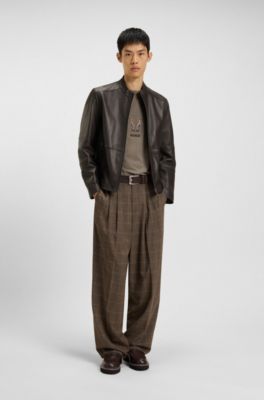 Grained-leather jacket in a slim fit, Dark Brown