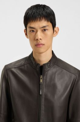 Grained-leather jacket in a slim fit, Dark Brown