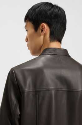 HUGO - Grained-leather jacket in a slim fit - Dark Brown