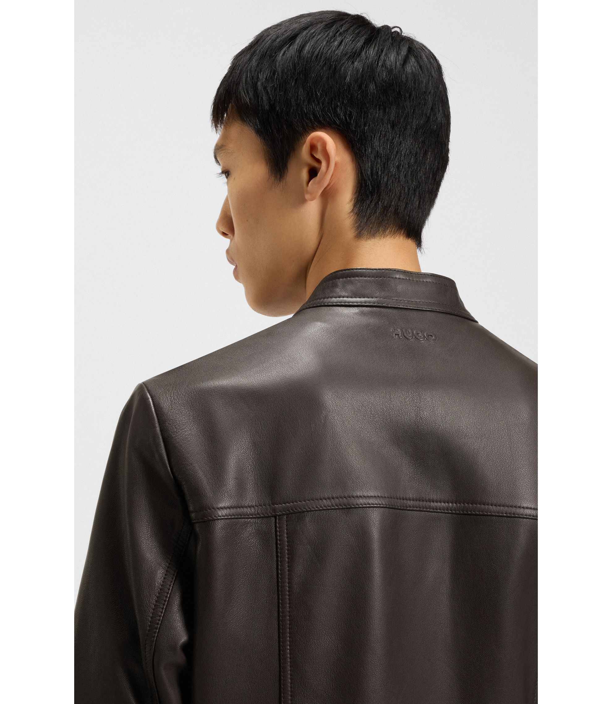 HUGO - Grained-leather jacket in a slim fit - Dark Brown