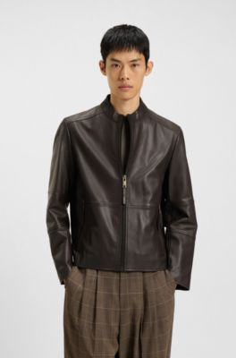 Grained-leather jacket in a slim fit, Dark Brown
