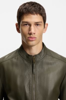 Veste Slim en cuir grain&eacute;, Chaux