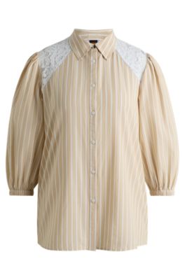 Striped regular-fit blouse with lace shoulders, Light Beige