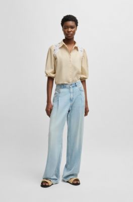 Striped regular-fit blouse with lace shoulders, Light Beige