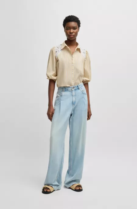 Striped regular-fit blouse with lace shoulders