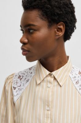 Striped regular-fit blouse with lace shoulders, Light Beige