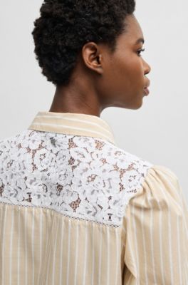Striped regular-fit blouse with lace shoulders, Light Beige