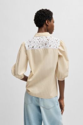 Striped regular-fit blouse with lace shoulders, Light Beige