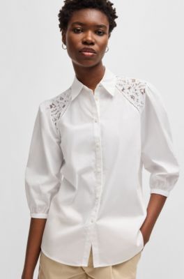Regular-fit blouse with lace shoulders, White