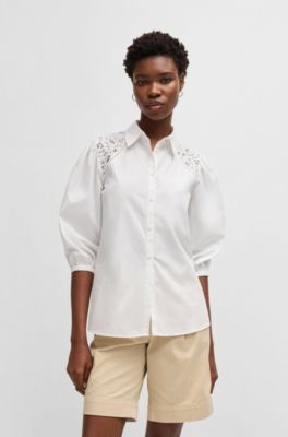Regular-fit blouse with lace shoulders, White