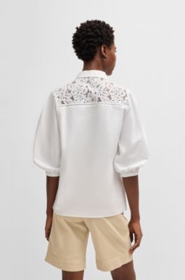 Regular-fit blouse with lace shoulders, White