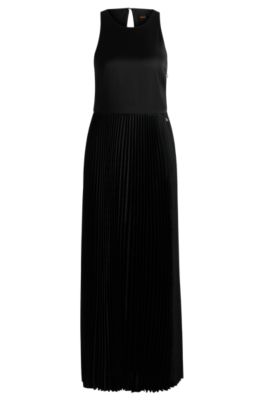 Maxi dress in hammered satin with pliss&eacute; skirt, Black
