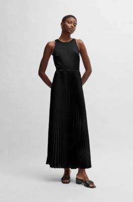 Maxi dress in hammered satin with pliss&eacute; skirt, Black