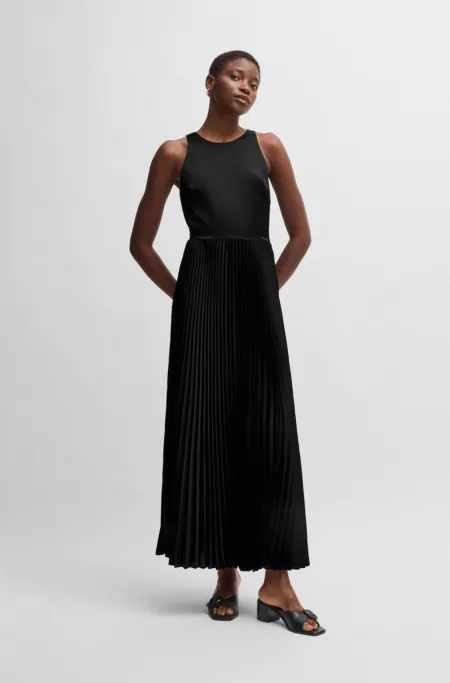 Maxi dress in hammered satin with plissé skirt