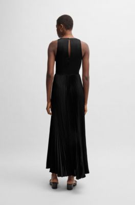 Maxi dress in hammered satin with pliss&eacute; skirt, Black