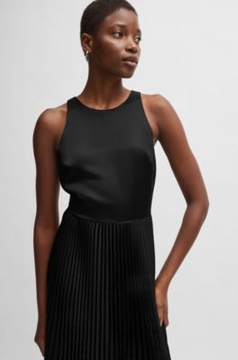 Maxi dress in hammered satin with pliss&eacute; skirt, Black