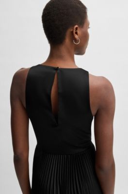 Maxi dress in hammered satin with pliss&eacute; skirt, Black