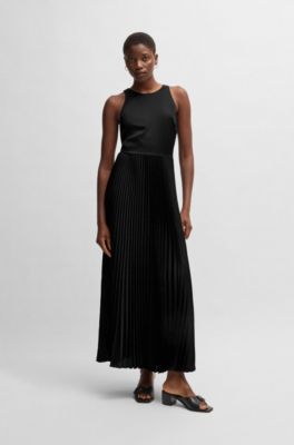 Maxi dress in hammered satin with pliss&eacute; skirt, Black