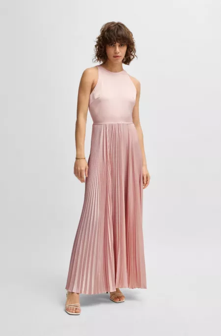 Maxi dress in hammered satin with plissé skirt