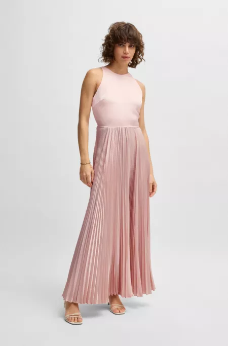 Maxi dress in hammered satin with plissé skirt