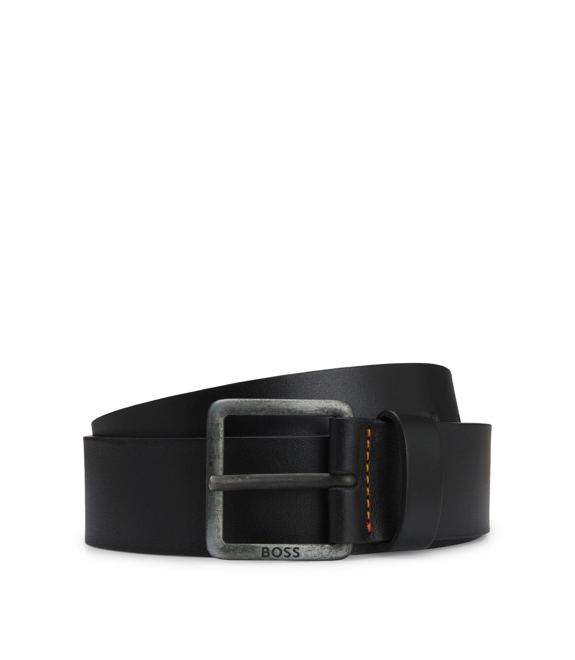 Leather belt with logo buckle