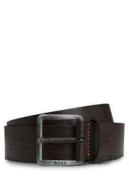 Logo-buckle belt in leather, Dark Brown