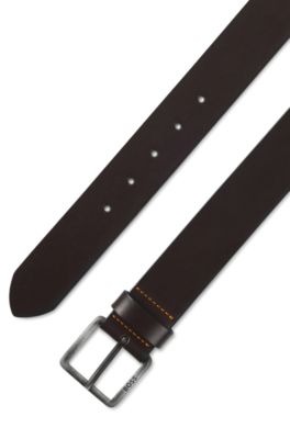 Leather belt with logo buckle, Dark Brown