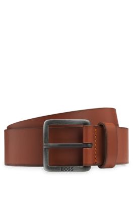 Leather belt with logo buckle, Brown