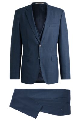 Slim-fit three-piece suit in patterned wool, Blue