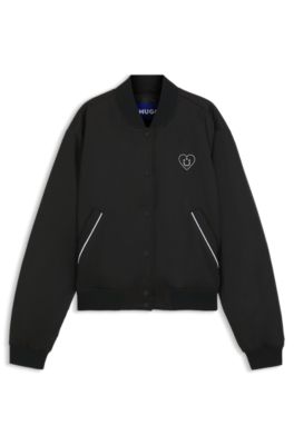 Padded varsity jacket with Happy HUGO logos, Black