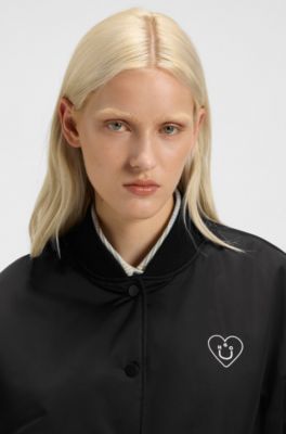 Padded varsity jacket with Happy HUGO logos, Black