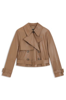 Chaqueta de piel estilo gabardina con cintur&oacute;n anudado, Marr&oacute;n