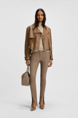 Chaqueta de piel estilo gabardina con cintur&oacute;n anudado, Marr&oacute;n