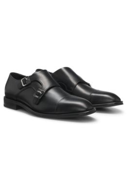 Chaussures en cuir &agrave; double bride et bout droit, Noir
