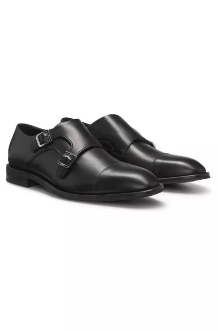Leather double-monk shoes with cap toe