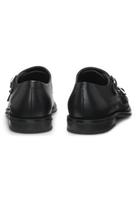 Leather double-monk shoes with cap toe, Black