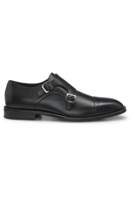Leather double-monk shoes with cap toe, Black