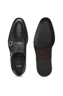 Leather double-monk shoes with cap toe, Black