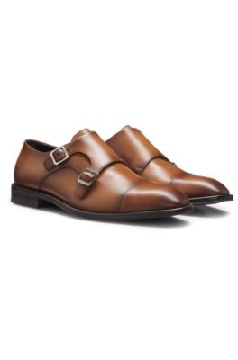 Leather double-monk shoes with cap toe, Brown